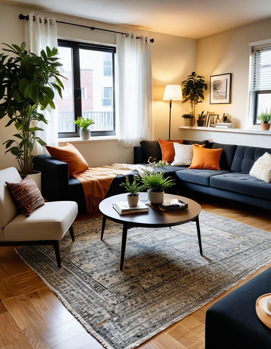 A cozy, modern apartment interior showcasing a seamless transition from lease agreement to comfortable living. Include a friendly couple happily unpacking boxes, a well-organized living space filled with plants and warm lighting, and a lease document resting on a stylish coffee table. Highlight the feeling of home and ease in the rental process. super-realistic. vibrant colors. inviting atmosphere.