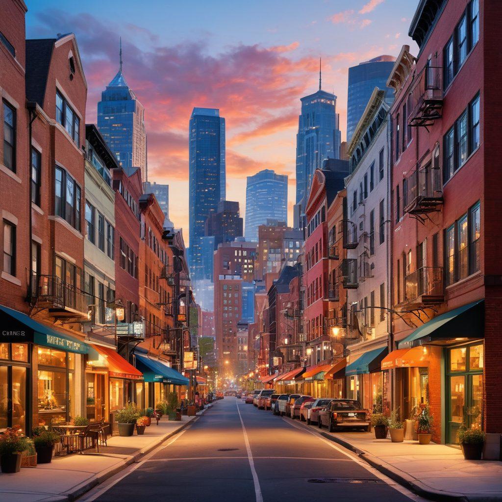 A dynamic cityscape featuring diverse rental properties, from chic apartments to cozy homes, with people of various backgrounds engaging happily in their neighborhoods. Incorporate elements like rental signs, a bustling market scene, and a skyline that showcases both modern and traditional architecture. The atmosphere should reflect vibrancy and community spirit, with warm, inviting colors to evoke a sense of belonging. super-realistic. vibrant colors. city landscape.